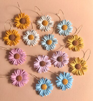 Flower Hoop Earrings, Daisy Sunflower Hoops, clay earrings, colorful flower jewelry, statement earrings, unique earrings, everyday earrings - image5